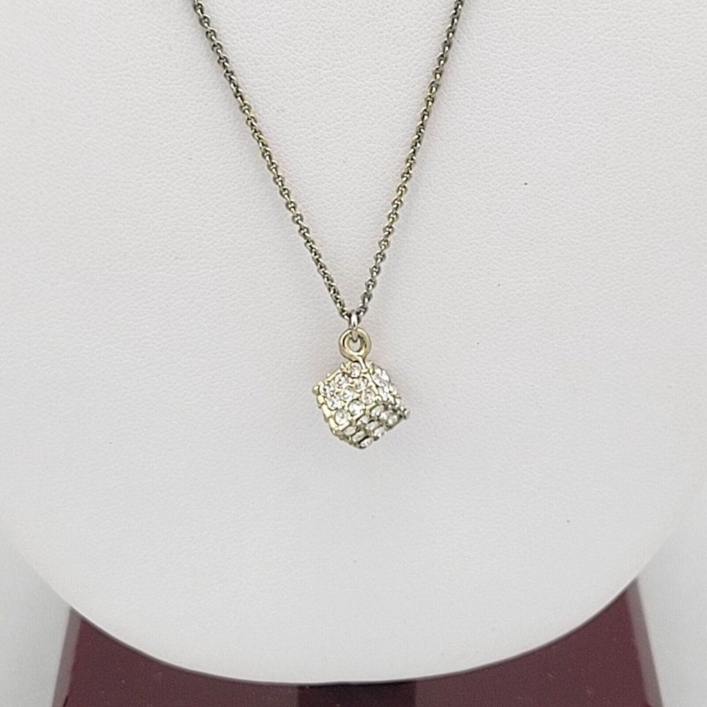 Steve Madden Signed Womens Rhinestone Cube Pendant Gold Tone Necklace 20 in - Picture 1 of 6